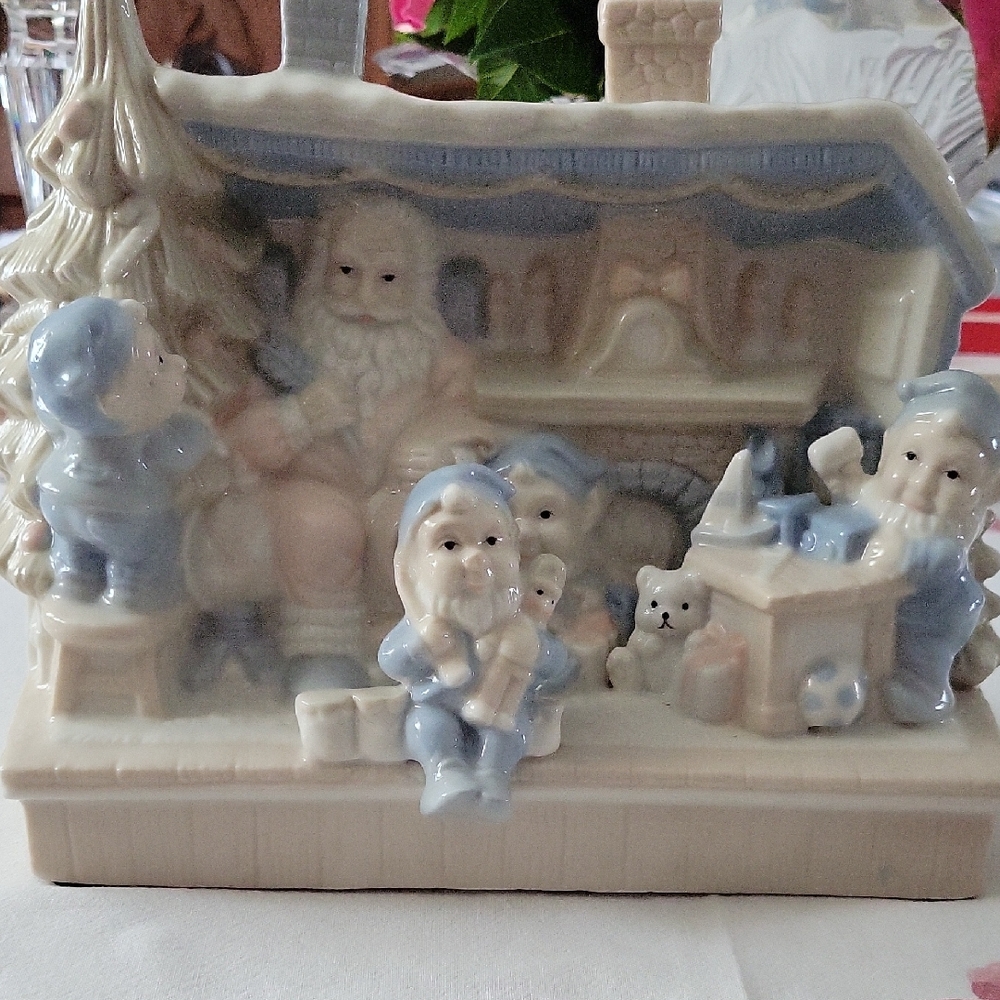 Ceramic Santa and Elves Figurine Music Box Plays Silent Night....EUC